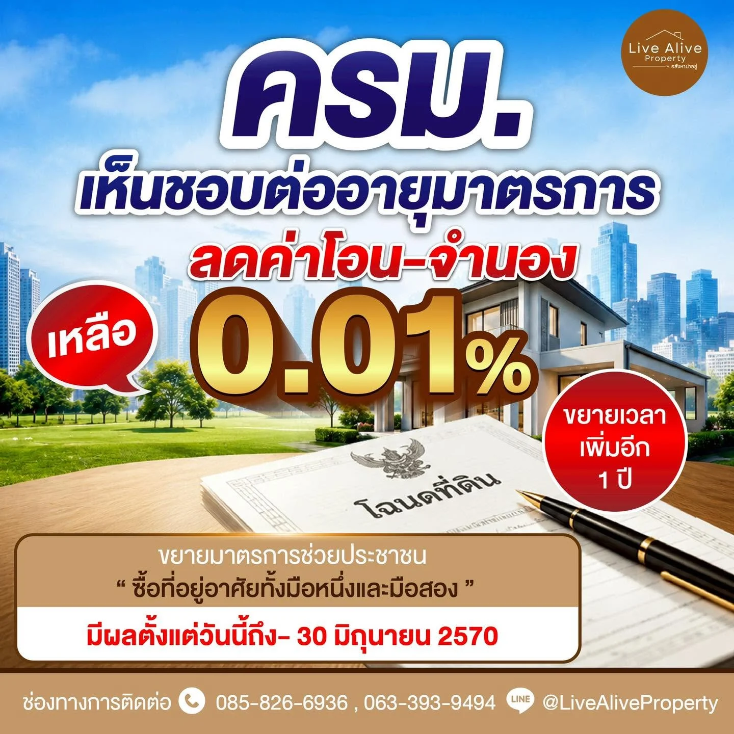 ข่าวดีสำหรับคนกำลังซื้อบ้าน! ลดค่าโอน–จำนอง เหลือเพียง 0.01%