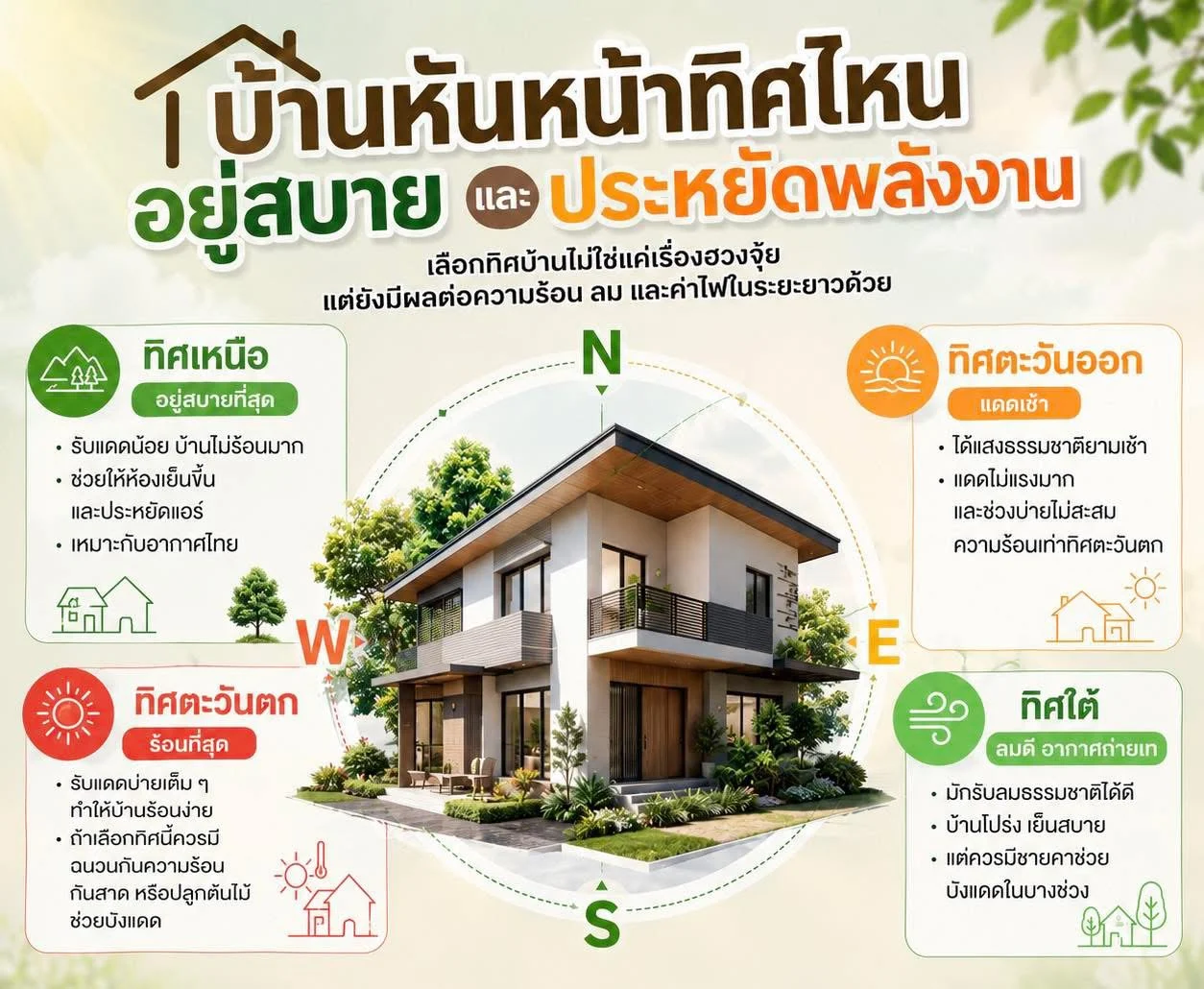 บ้านหันหน้าทิศไหน อยู่สบายและประหยัดพลังงาน?